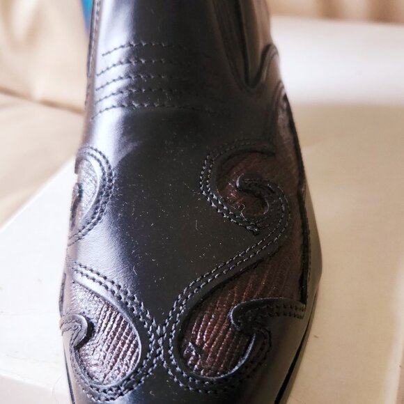 S57 Snazzy Texas style black loafer Snakeskin like brown detail elastic slip on - Picture 2 of 6